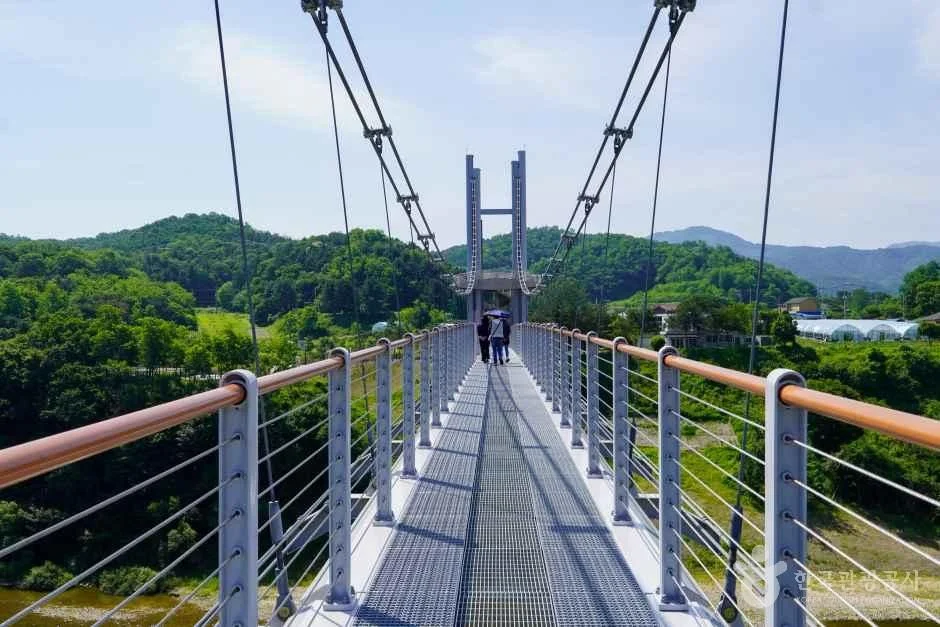 양쪽 난간 사이로 곧게 이어진 출렁다리 철망 바닥과 멀리 보이는 산