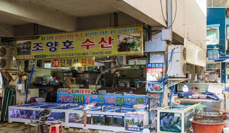수산물 수조와 간판이 걸린 가게 앞 풍경