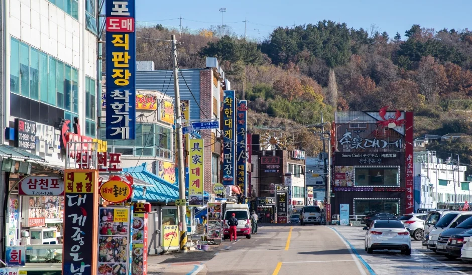 대게 직판장 등 간판이 줄지어 달린 상가 거리와 주차된 차들