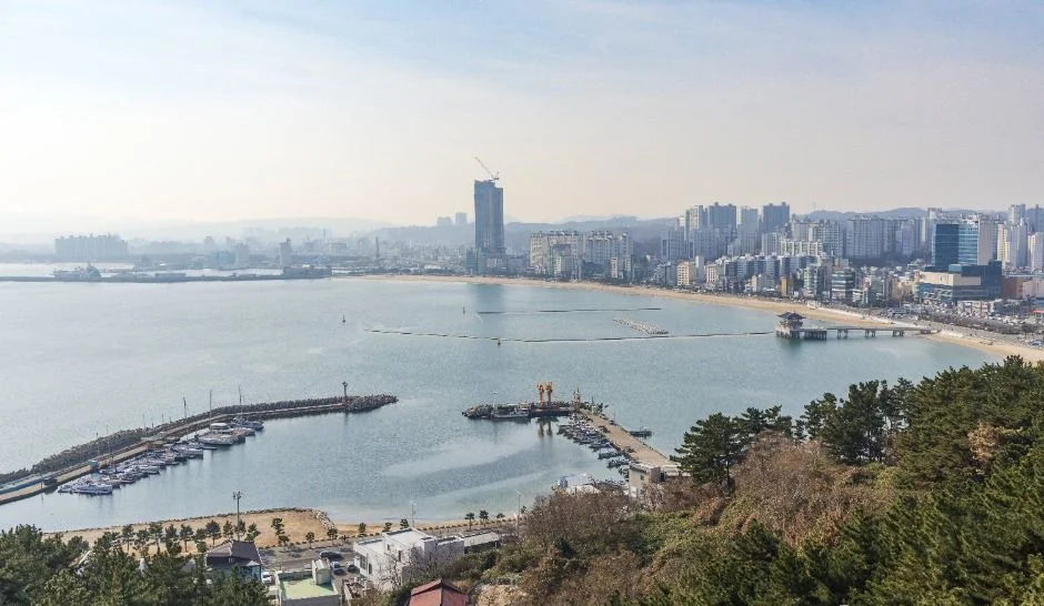 해안선을 따라 도시가 이어지고 바다가 펼쳐진 트랙 위 조망