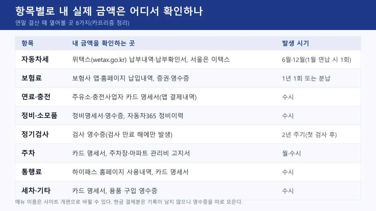 자동차세, 보험료, 연료, 정비, 정기검사, 주차, 통행료, 세차 항목별로 금액을 확인하는 곳과 발생 시기를 정리한 표 도표