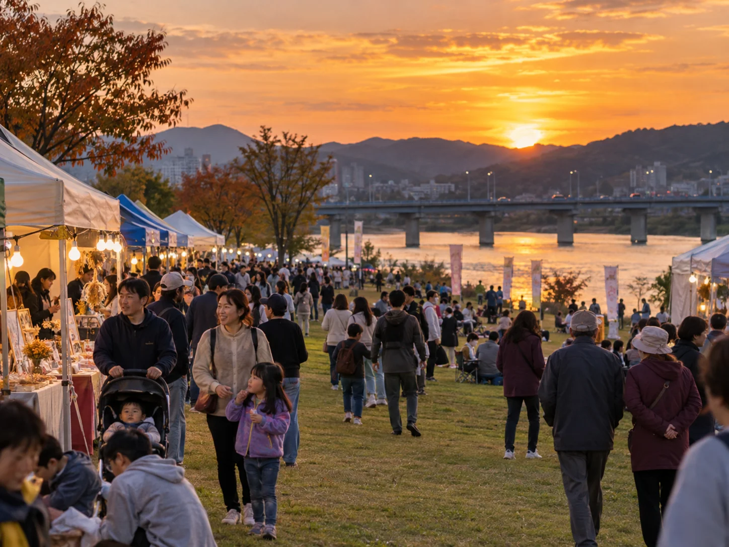 강변공원에서 열리는 가을 축제 현장, 천막 부스들과 인파, 노을 지는 하늘